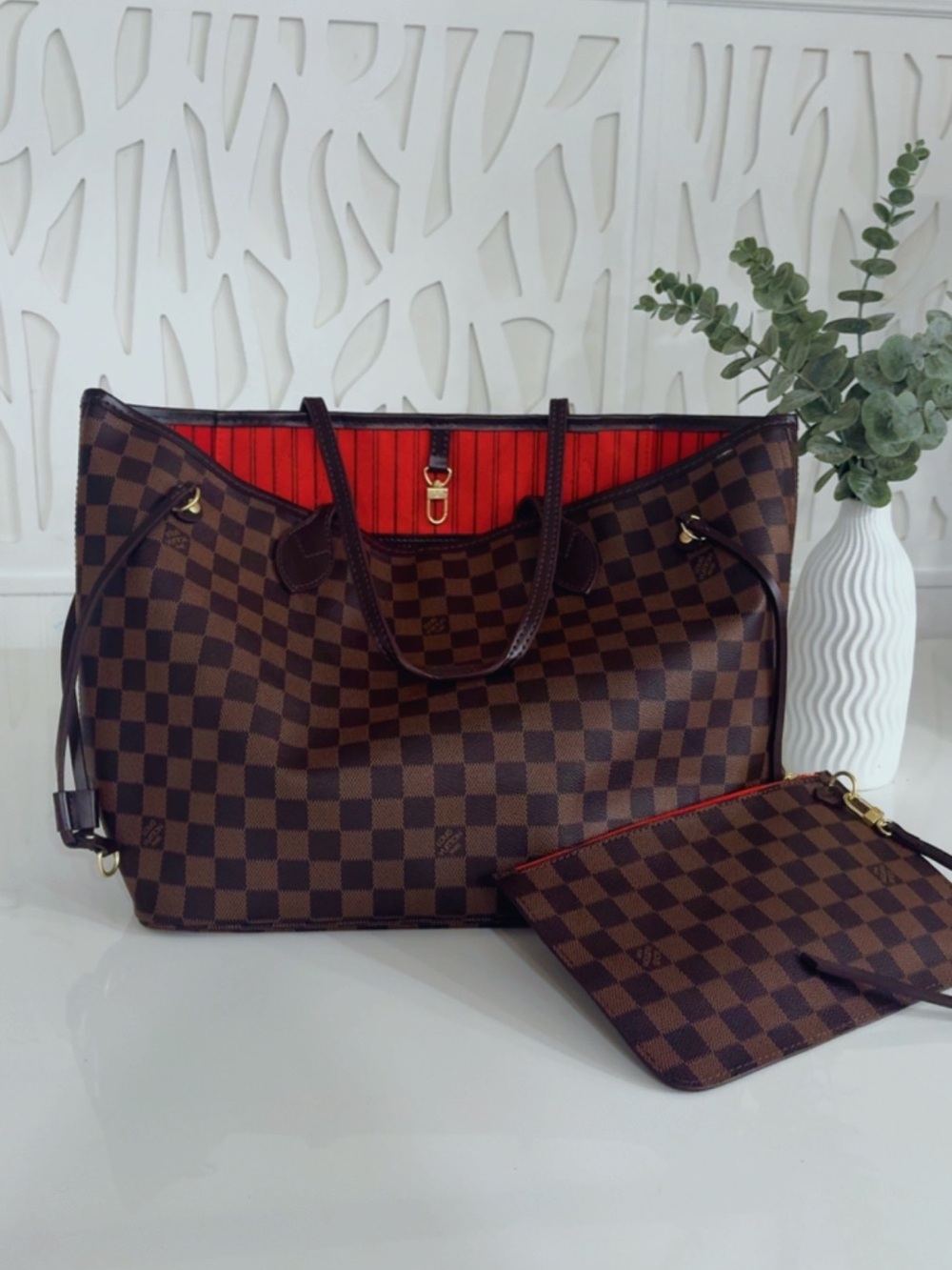 Brown Checkered Tote Bag with Red Interior